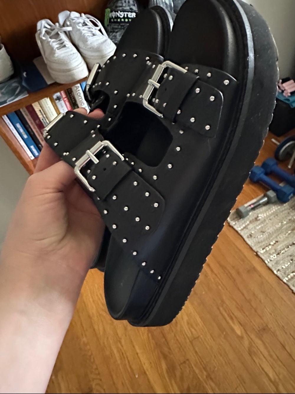 Marc Fisher Black Studded Double-Buckle Slide Sandals - Picture 7 of 7